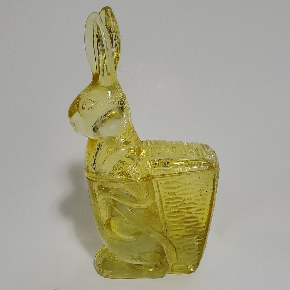 Zabkowice Glass Works Poland Yellow Glass Easter Rabbit Covered Candy Dish